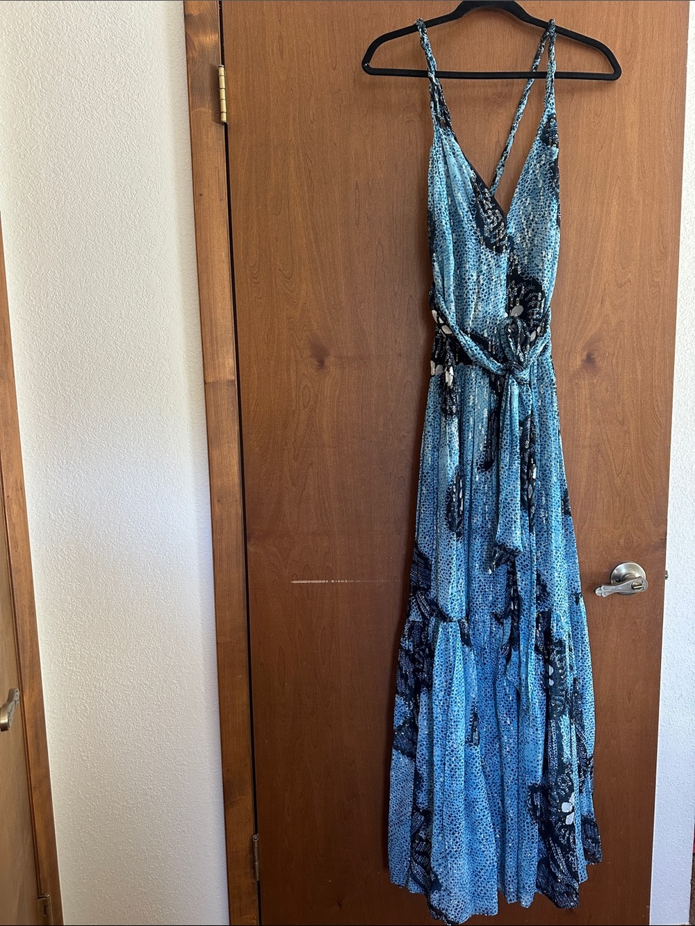 Ulla Johnson Blue Printed Maxi Dress with Tie Waist